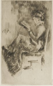 本を読む（おそらくリジー・ドーソン）c.1873（紙に乾点） 作： James Abbott McNeill Whistler